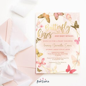 Boho vlinder kussen baby shower uitnodiging sjabloon, meisjes feestuitnodiging afdrukbare, perzik roze vlinders decor kaart, bewerkbare P130