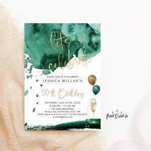 Emerald Green Birthday Invitation Editable Lets Celebrate Gold Balloon Adult Party Invite Printable Digital Instant Download Template P205