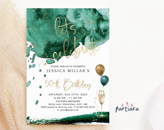 Emerald Green Birthday Invitation Editable Lets Celebrate Gold Balloon Adult Party Invite Printable Digital Instant Download Template P205