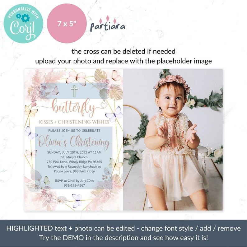 May include: A light blue and pink baby shower invitation with a butterfly design. The invitation includes the text "Olivia's Christening" and details about the event. A photo of a baby girl is included in the bottom right corner.
