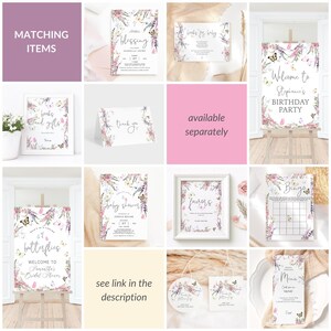 May include: A set of printable party decorations featuring a butterfly theme with floral accents. The set includes a welcome sign, a bingo card, a menu, a thank you card, a favor sign, and a baby shower invitation. The colors are pink, purple, and green.