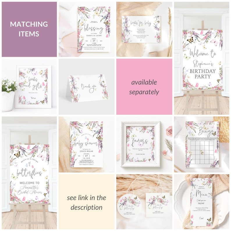 May include: A set of printable party decorations featuring a butterfly theme with floral accents. The set includes a welcome sign, a bingo card, a menu, a thank you card, a favor sign, and a baby shower invitation. The colors are pink, purple, and green.