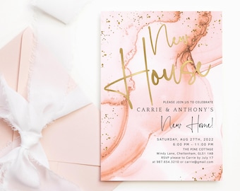 Uitnodiging nieuw huisfeest: eerste housewarming als meneer en mevrouw, blush roze afdrukbare P262