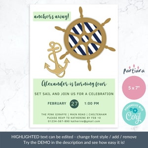Editable Nautical Party Invitation Template Printable Boys Birthday Party Invite Navy Blue and ...