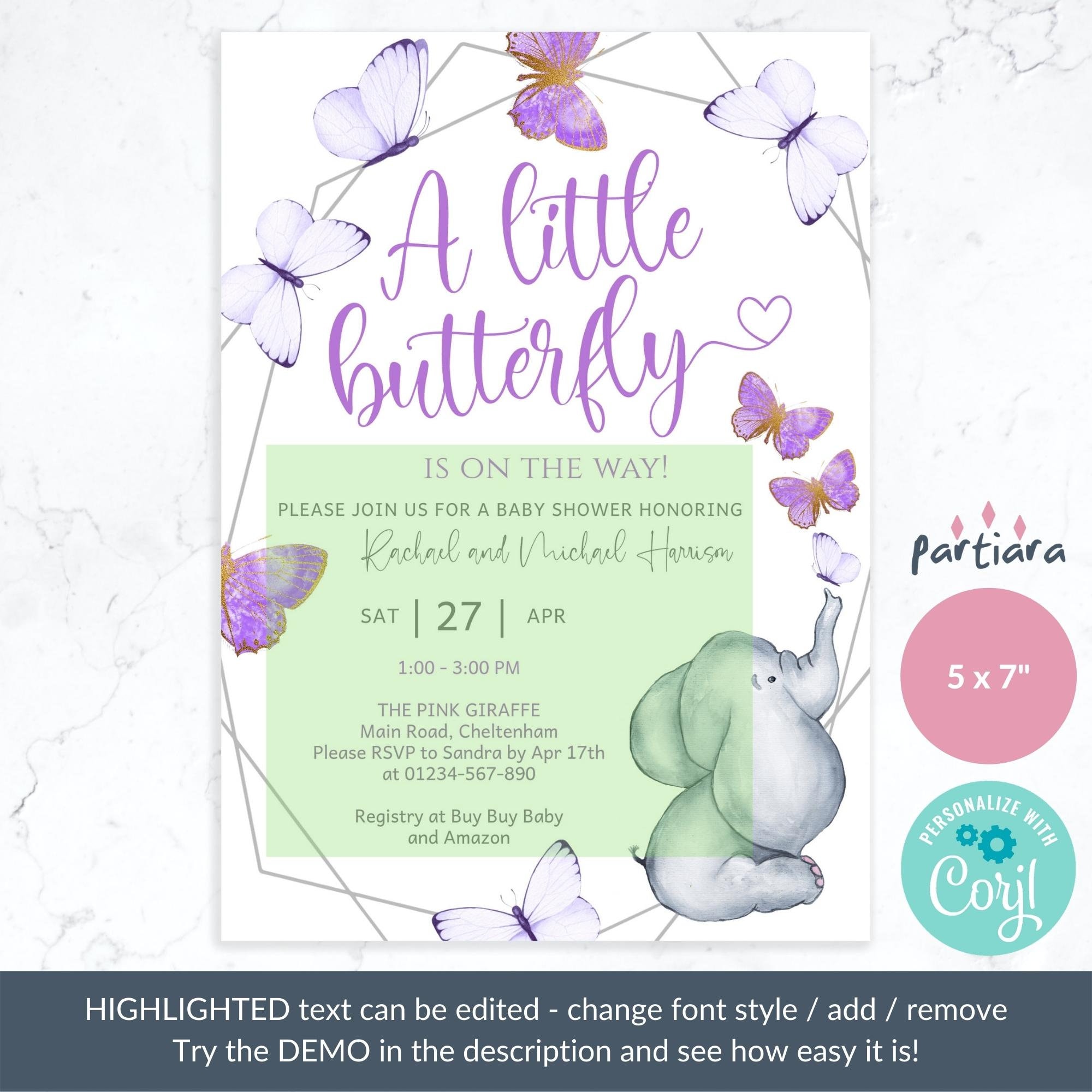 Lavender Butterfly Elephant Baby Shower Invitation Printable Etsy