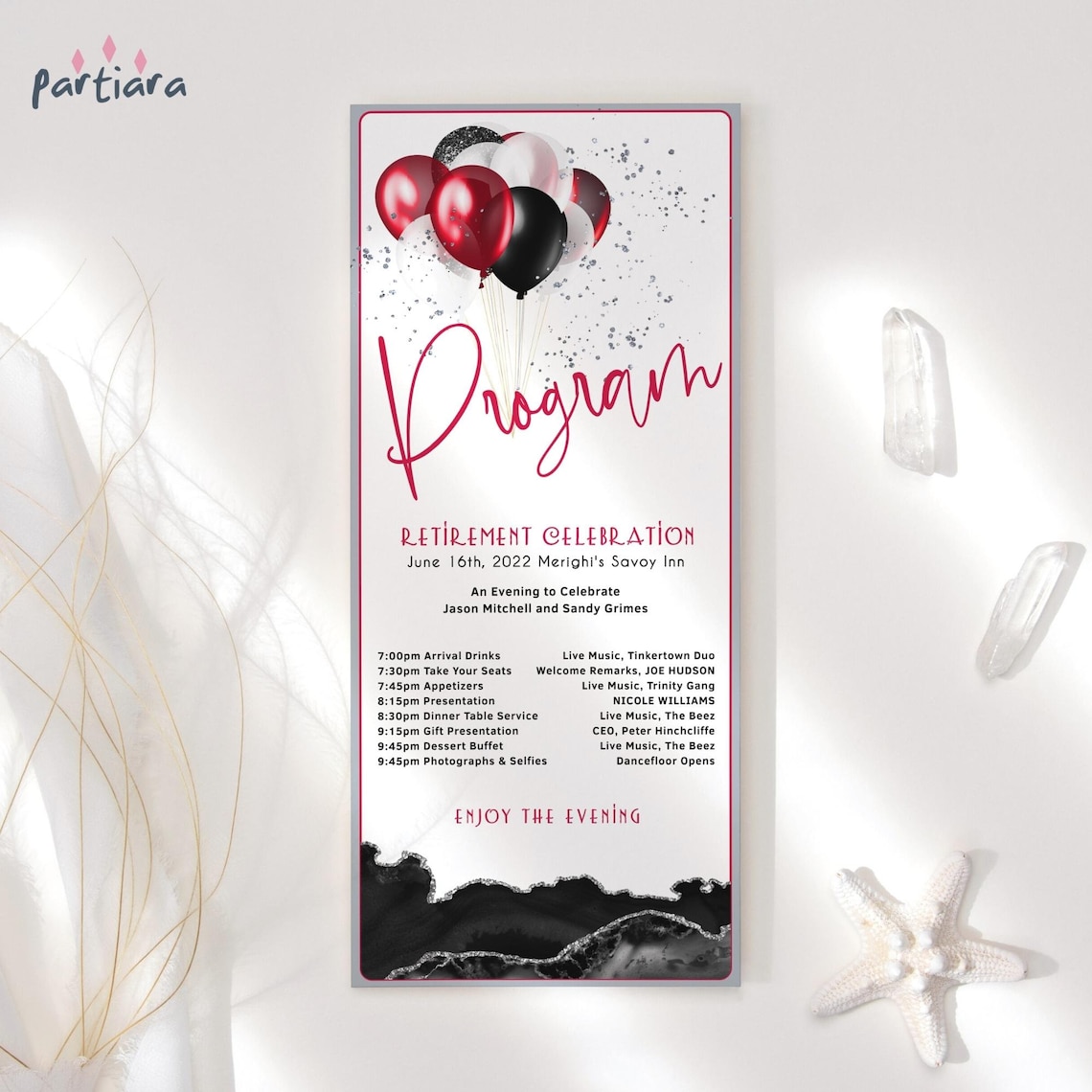 Red Black Silver Program Card Printable Men or Ladies Retirement Party ...