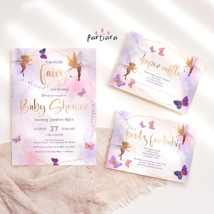 Baby Shower Fairy Invite Bundle Set, Sweet Baby Girl Butterfly Fairies Invitation Printable, Pink Purple Rose Gold Decor, Editable P676