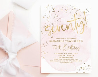 Blush Gold 70th Birthday Invitation Printable Ladies Party Editable Digital Download Template Pastel Pink Tea Brunch Lunch Invites P132