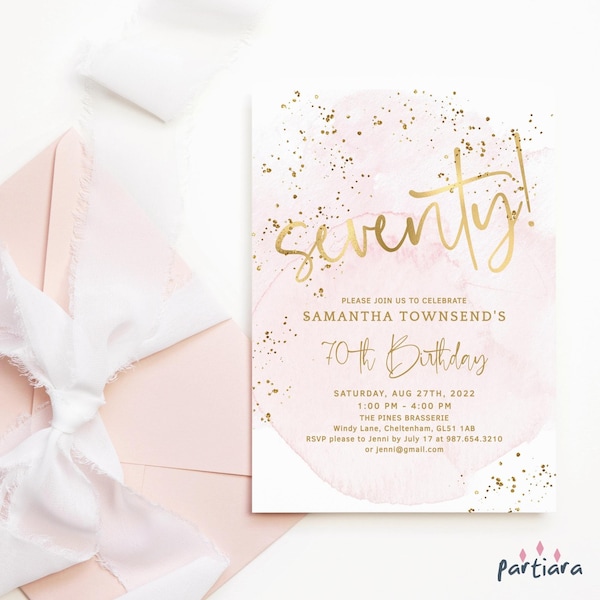 Blush Gold 70th Birthday Invitation Printable Ladies Party Editable Digital Download Template Pastel Pink Tea Brunch Lunch Invites P132