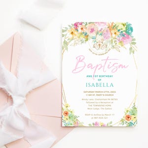 Frühling Taufeinladung, Bunny Party einladen Digital Download für Mädchen, 1. Geburtstag Gemeinsame Taufe Karte Druckbare Bearbeitbare Vorlage P310