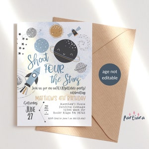 Sjabloon voor 4e verjaardag ruimte uitnodigen - Shoot Four the Stars uitnodiging afdrukbare - raketplaneten en maan decor - bewerkbare download P166