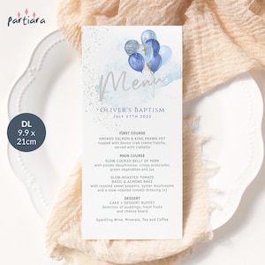 Modèle de carte de menu baptême garçon, menus baptême bébé imprimables, cartes de Table fête commune 1er anniversaire, ballons bleus argentés modifiable P291