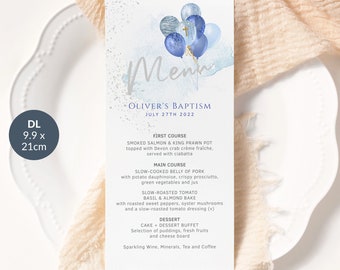 Boy Baptism Menu Printable Pastel Blue Silver Balloons 1st Birthday Party Table Decor Editable Digital Download Template P291 P10