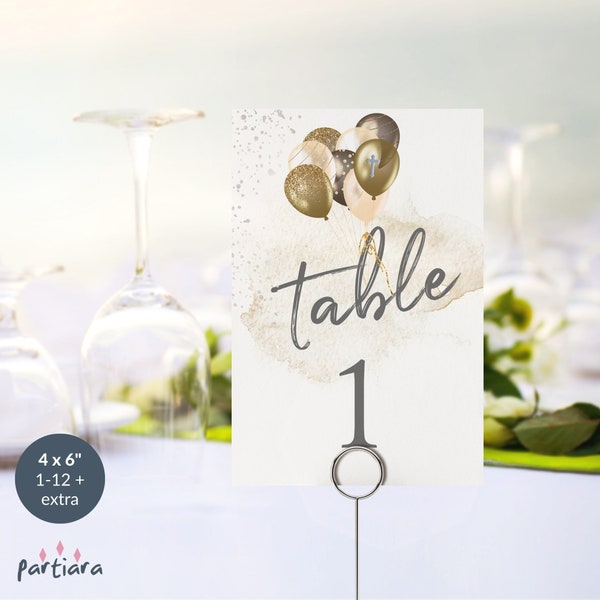 Christening Table Numbers, Rustic 1st Birthday and Christening Party Table Decor Printable, Tan and Gold Balloons, Editable Download P325