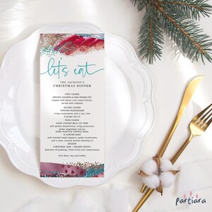 Karta menu Red Teal Urodziny Zjedzmy kolację Menu stołu na imprezę Wydrukuj Boże Narodzenie Sylwester Edytowalny cyfrowy szablon do pobrania P203