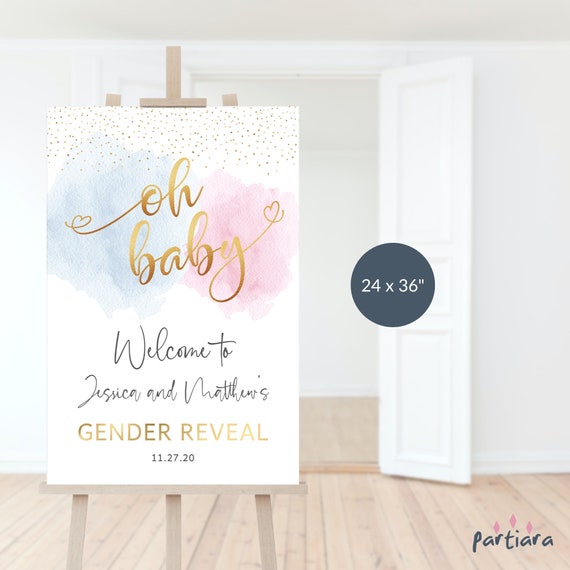 Gender Reveal Welcome Sign Printable Baby Reveal Party Welcome Poster Board  EDITABLE TEMPLATE Smoke Blue Pink Gold Decor 24x36 Download P16 