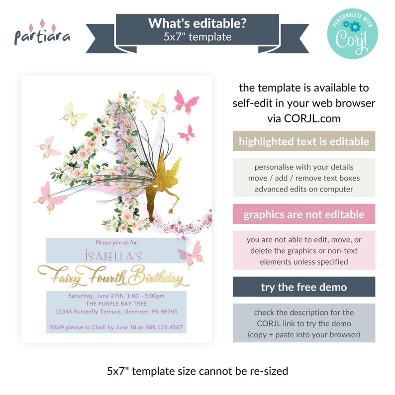 Fairy Invitation 4th Birthday Printable, Girl's Enchanted Butterfly Garden Party Invite, Fourth Floral Tea Party, Editable Download P376 image 2