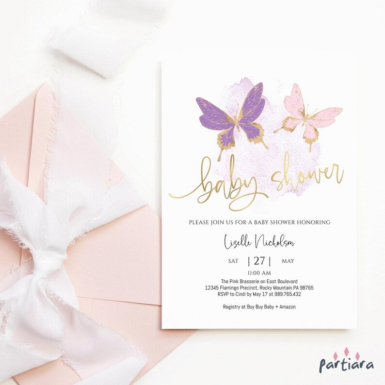 Pink Purple Butterfly Baby Shower Invitation Girl Editable Baby Sprinkle Party Invite Printable Digital Download Template P6
