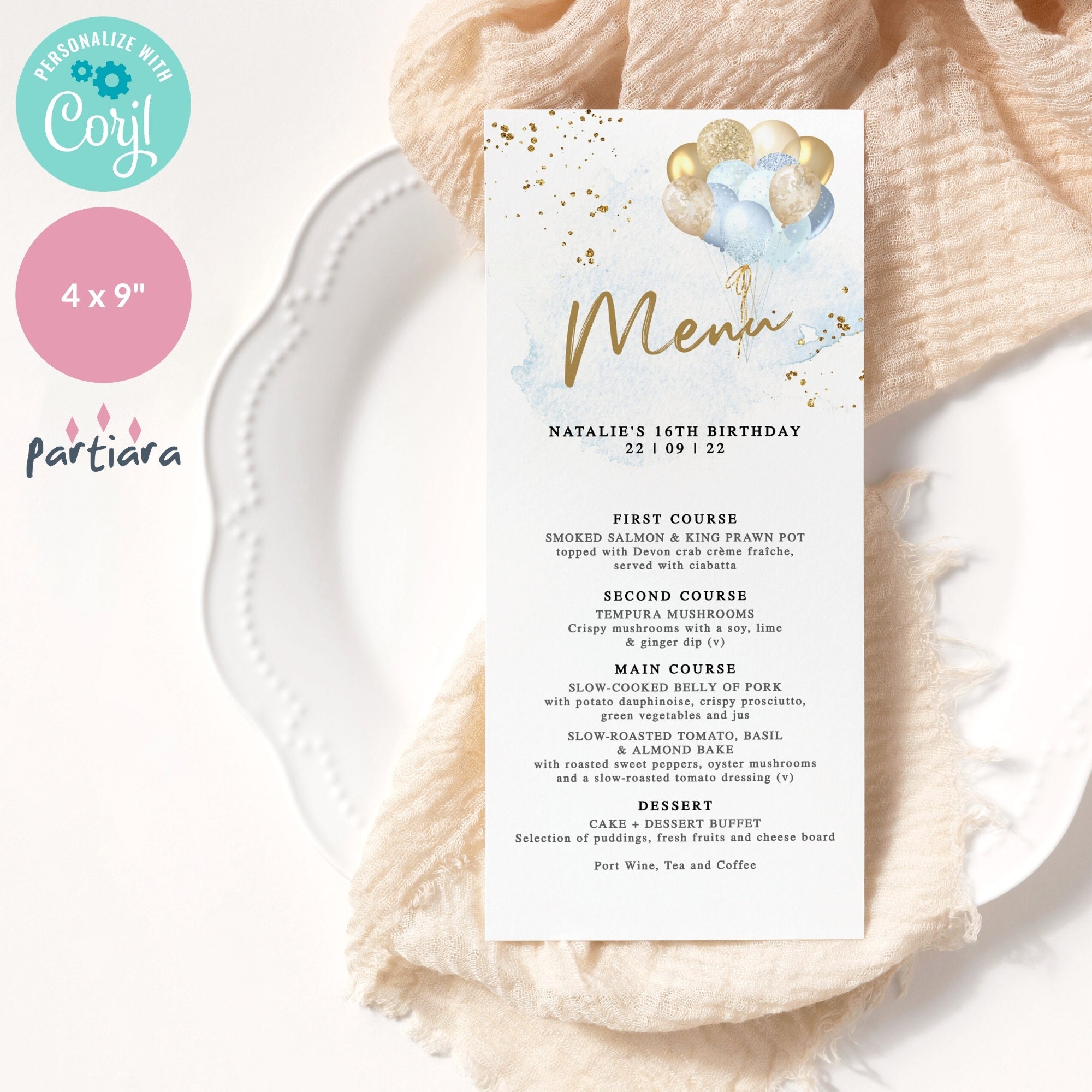 Boy Baby Shower Menu Blue Gold Balloons 1st Birthday Party Etsy