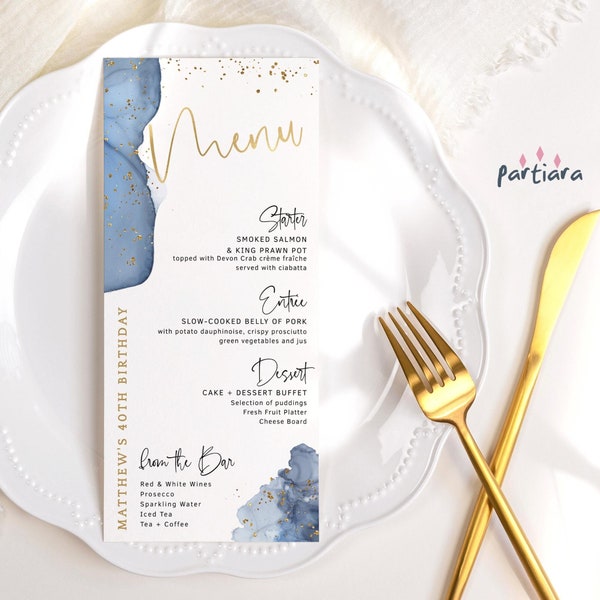 Marineblauw gouden menukaart bewerkbare verjaardagsfeestje tabelmenu's afdrukbare heren of dames denim tinten blauw decor Corjl-sjabloon P239 P132