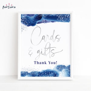 Koningsblauw zilver cadeaus en kaarten bord afdrukbare verjaardagsfeestje tabel poster decor bewerkbare digitale downloadsjabloon voor heren of dames P237
