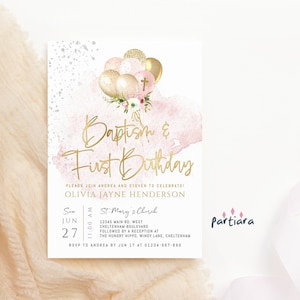 Erster Geburtstag Taufeinladung für Mädchen, gemeinsamer 1. Geburtstag und Taufe laden zum druckbar ein, rosa Goldballondekor, bearbeitbar P344