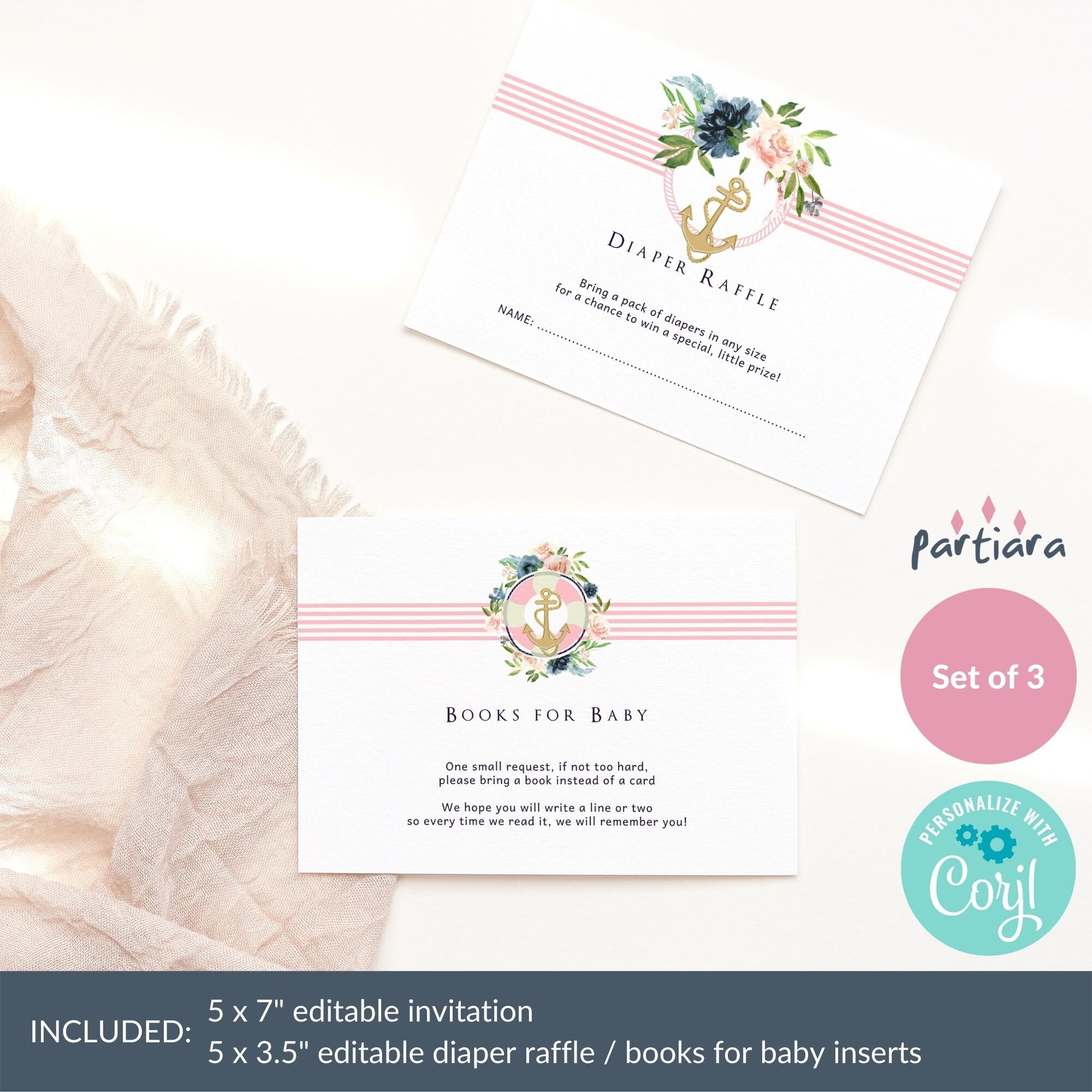 Gold Anchor Baby Shower Invitation Pack Editable Girl Nautical Floral