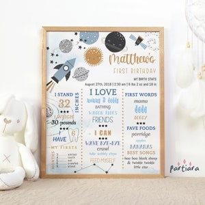 Cartel de hito espacial, póster imprimible de planetas para el primer cumpleaños, estadísticas de nacimiento del primer año del niño, decoración de cohetes, sol, luna y estrellas, plantilla editable P166