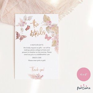 Geburtstags-Detailkarte, Boho-Party-Reiseplan zum Ausdrucken, Taufe Schmetterling Floral Rose Gold Rosa Pampas Grass Decor, bearbeitbarer Download P171