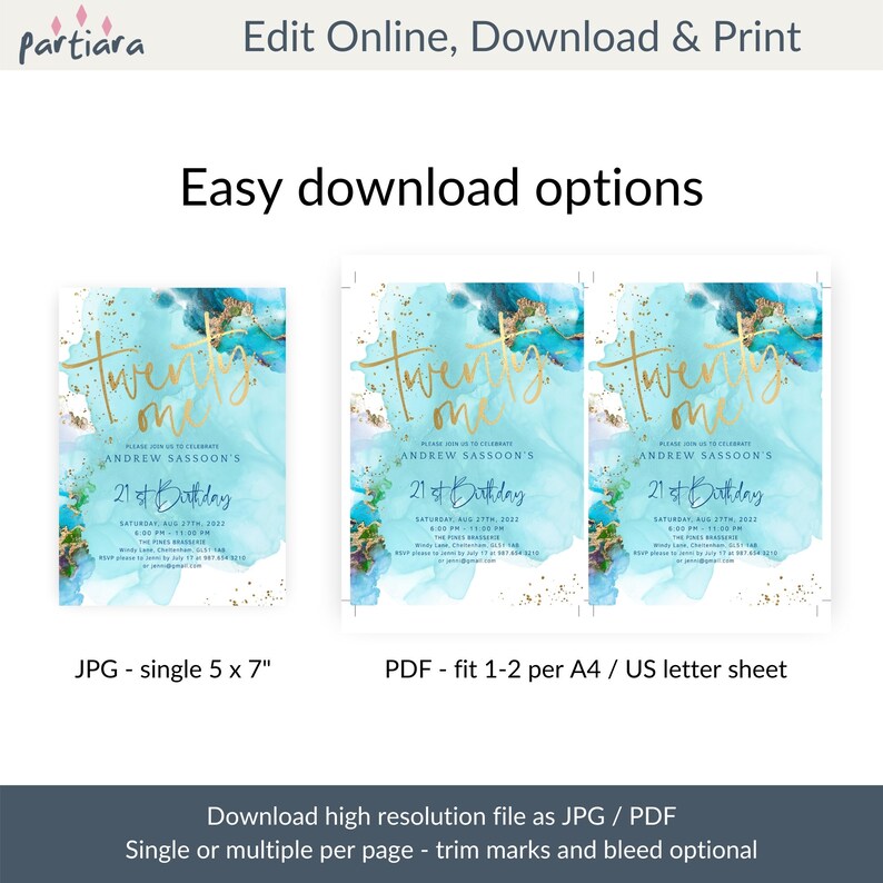 K&ouml;nnte beinhalten: Ein digitaler Download f&uuml;r eine Einladung zum 21. Geburtstag. Die Einladung zeigt einen blauen und goldenen Aquarellhintergrund mit dem Text "Twenty One" in goldener Schrift. Die Einladung ist in den Formaten JPG und PDF verf&uuml;gbar.