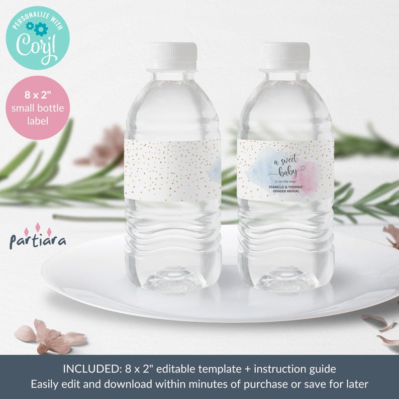 Gender Reveal Water Bottle Labels Printable, Pastel Baby Shower Label