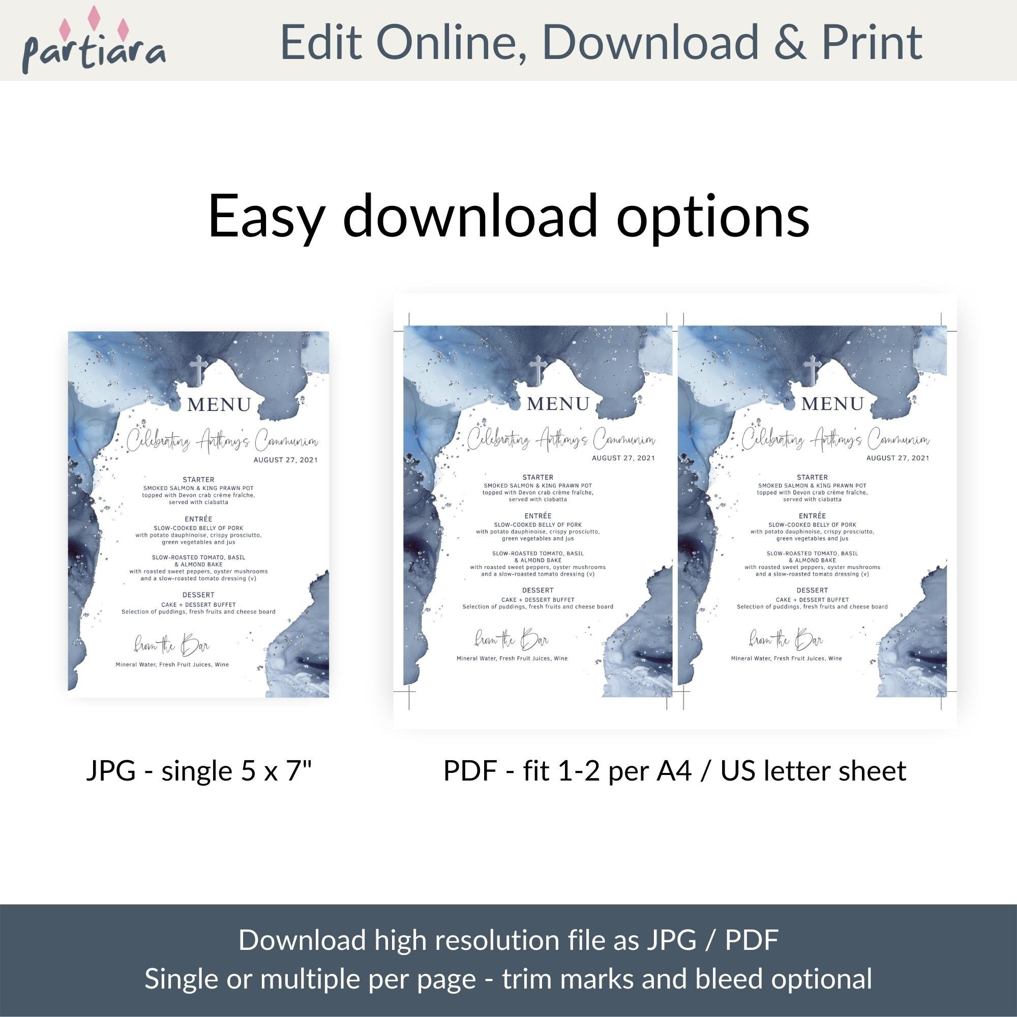 Boy Baptism Party Menu Card Printable Navy Blue Silver 1st Etsy