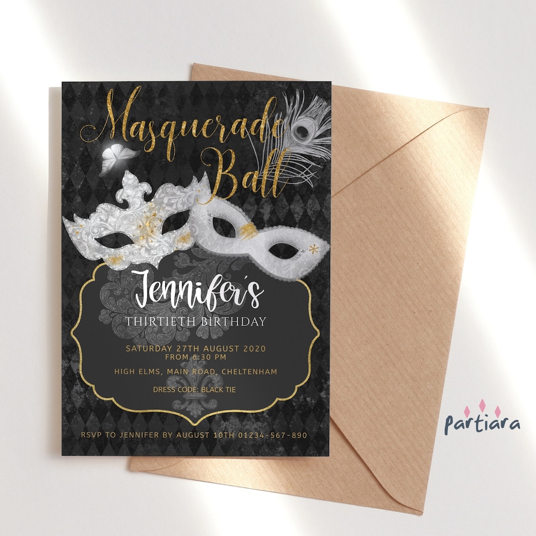 Masquerade Ball Birthday Invitation Printable Black Gold Silver Ladies ...