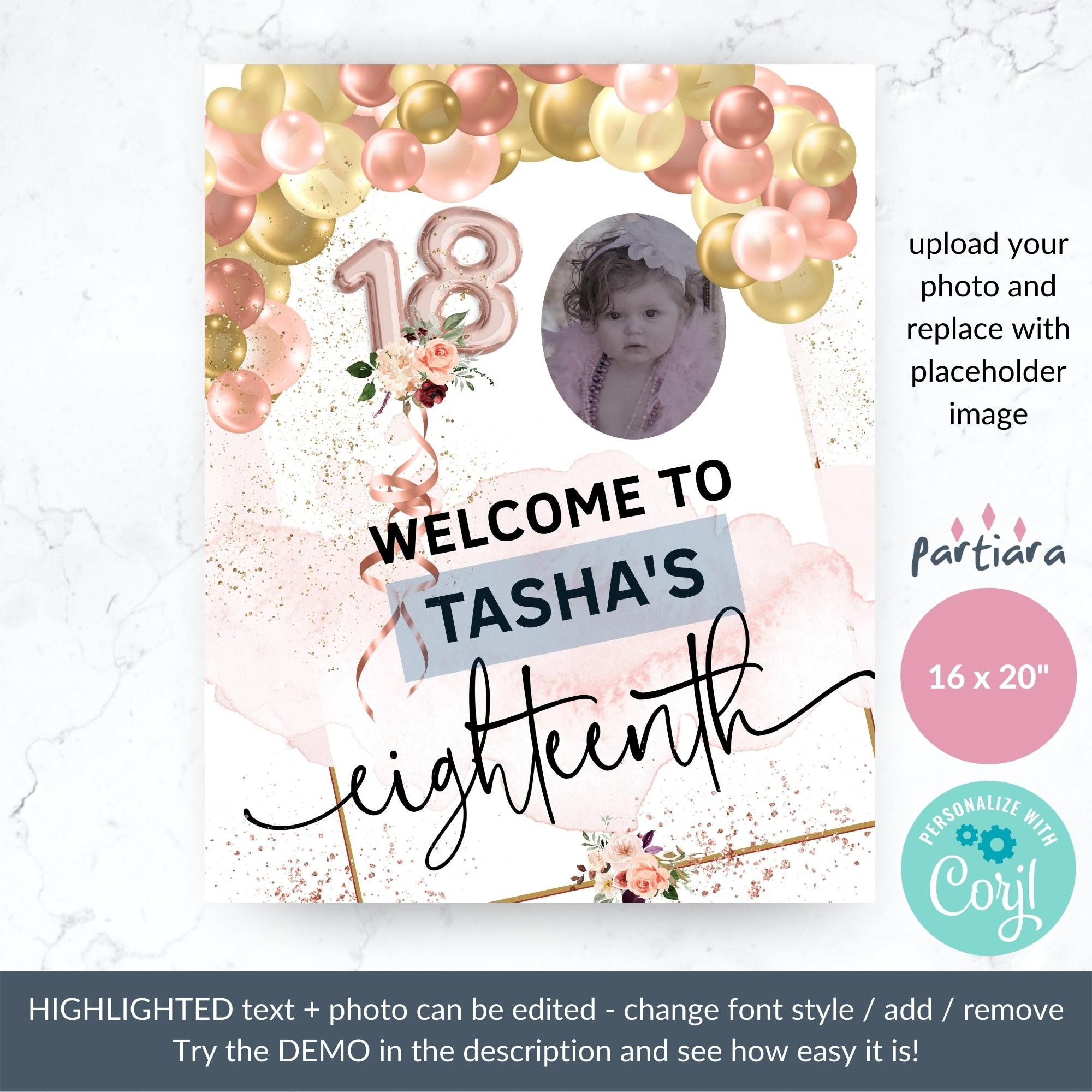 18th Birthday Sign Girls Welcome Party Poster Decoration Rose Gold Blush  Pink Balloons Photo Board Printable Editable Digital Download P190 - Etsy  Denmark