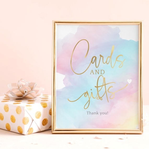 Girls Rainbow Party Cards and Gifts Table Sign Printable Pastel Ombre Clouds and Sky Theme Decor Baby Shower Editable Poster Download P179