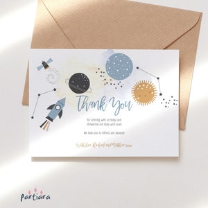 Modèle de carte de remerciement Space Party, anniversaire de l'espace pour garçons ou carte de correspondance pour baby shower, imprimable, téléchargement numérique modifiable P166