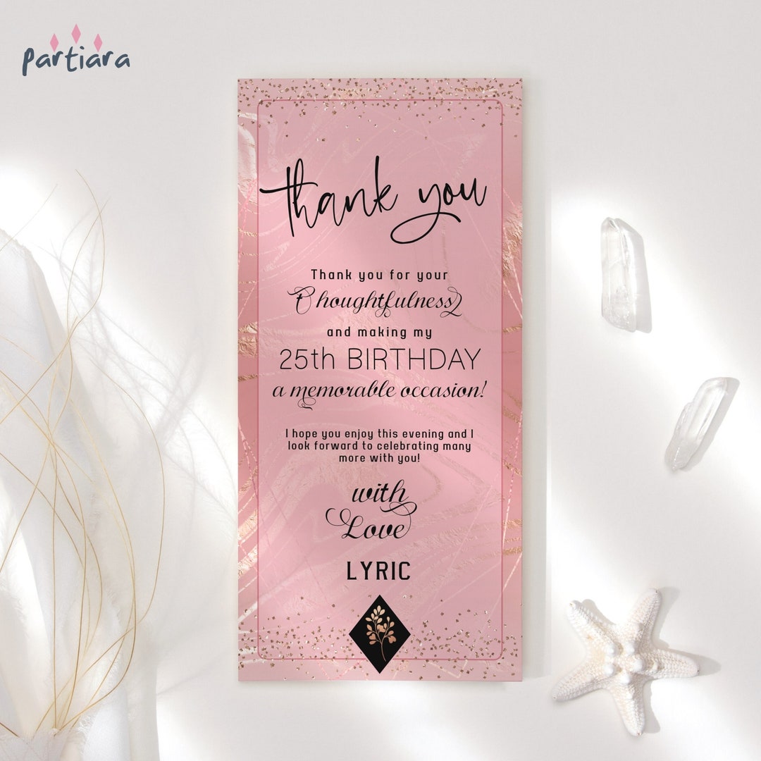 Rose Gold Birthday Table Decor Thank You Card Editable Template ...