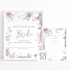Butterfly Bridal Shower Game, How Old Was the Bride Photo Guessing Sign and Notecard Set, Wildflower Floral Decor Printable, Editable P256