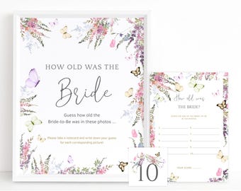 May include: A printable bridal shower game with a floral and butterfly design. The game asks guests to guess how old the bride was in each photo. The text "How old was the bride?" is included in the image.