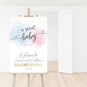 Gender Reveal Willkommensschild Baby offenbaren Party Willkommen Poster EDITIERBARE VORLAGE Rauchblau Rosa Gold Dekor 24x36 Download P16