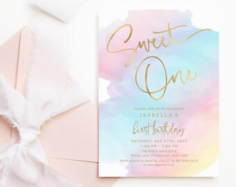 Sweet One Birthday Invite Girls 1st Birthday Party Invitation Printable Pastel Rainbow Unicorn Sky Editable Digital Download Template P179