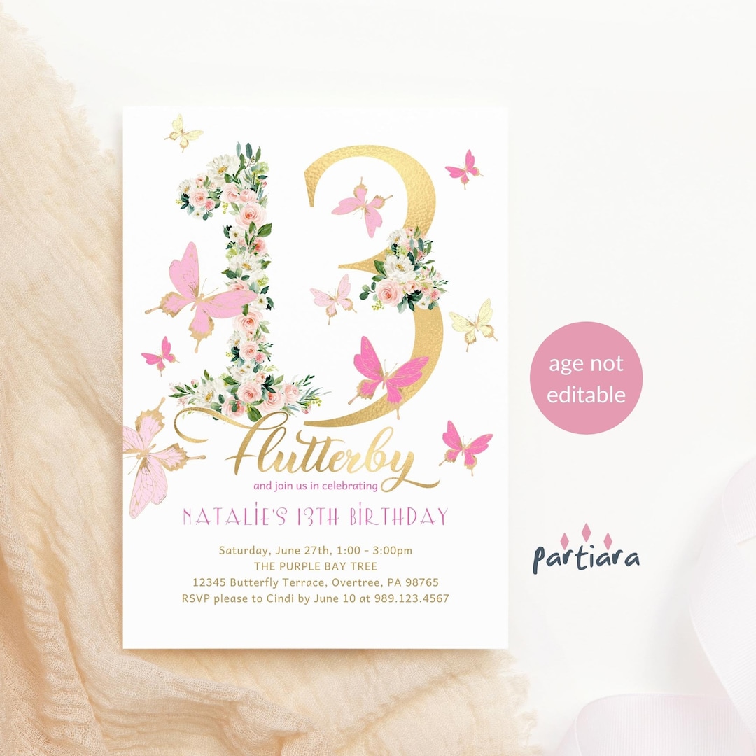 Girl 13th Birthday Invite Butterfly Invitations Printable Blush Pink ...