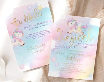 Pastel Unicorn Birthday Invite Magical Day Rainbow Party Invitation Twin Girls Details Itinerary Cards Printable Editable Download P179