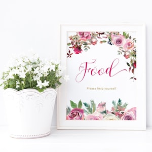 Floral Birthday Food Sign Printable, Ladies Brunch Lunch or Dinner Party Food Station Table Poster, Pink Red Decor, Editable Template P195
