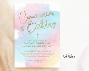 Bewerkbare communie en verjaardag uitnodigen afdrukbare meisjes eerste heilige communie uitnodiging voor feest Pastel Rainbow Decor digitale Download P179