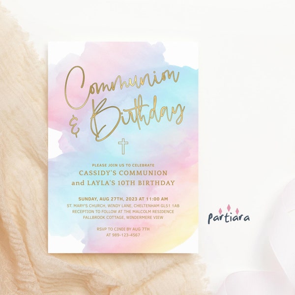 Editable Communion and Birthday Invite Printable Girls First Holy Communion Party Invitation Pastel Rainbow Decor Digital Download P179