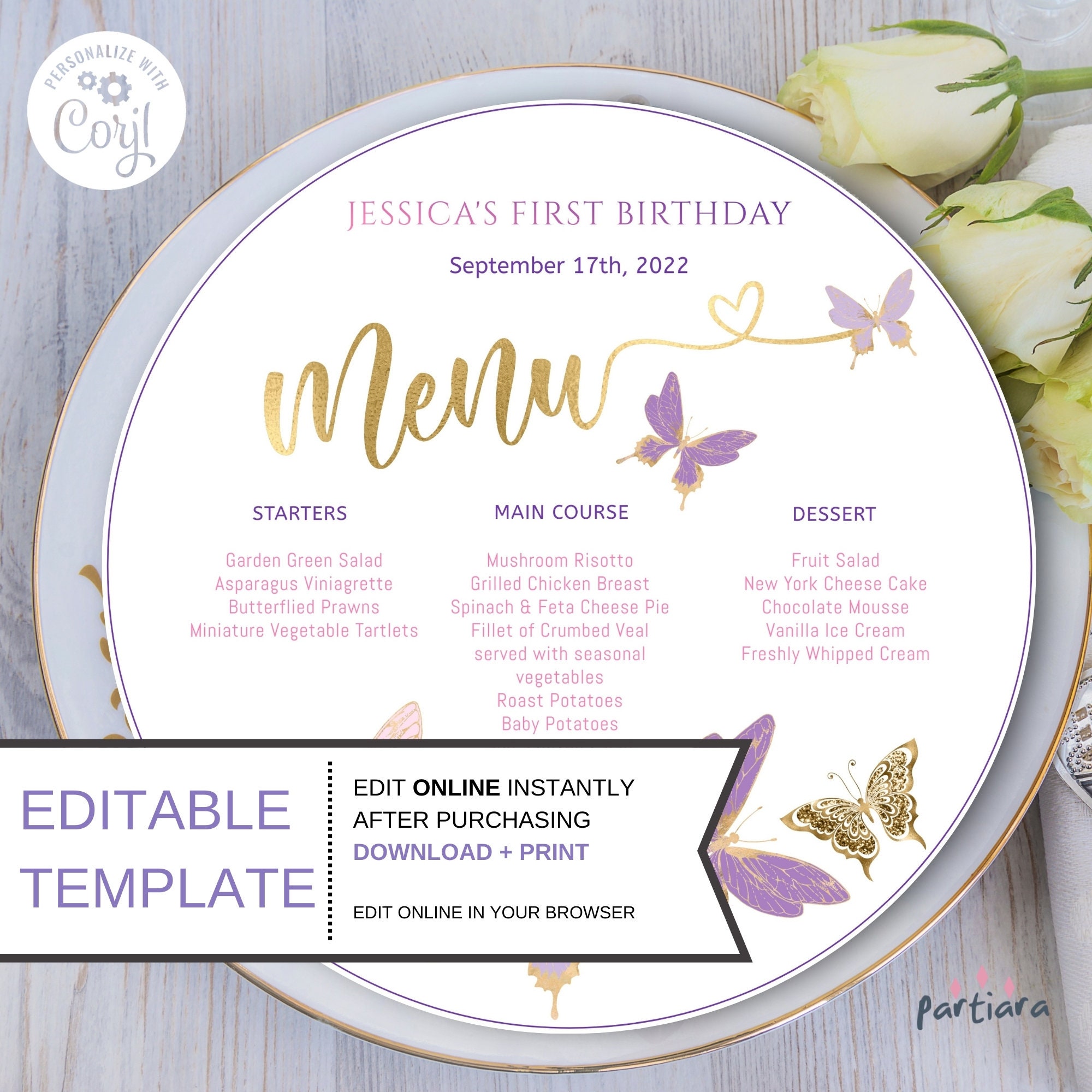 Butterfly Menu Card Editable Round Plate Charger Menus DIY | Etsy