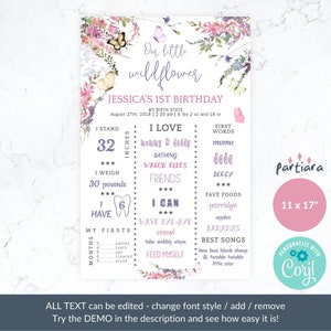 May include: A personalized 1st birthday sign with a floral and butterfly design. The sign includes the text "Our little wildflower" and details such as the child's height (32 inches), weight (30 pounds), and favorite things. The sign is 11 x 17 inches.