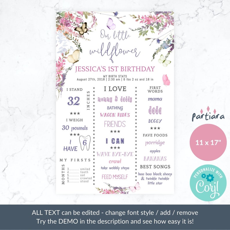 May include: A personalized 1st birthday sign with a floral and butterfly design. The sign includes the text "Our little wildflower" and details such as the child's height (32 inches), weight (30 pounds), and favorite things. The sign is 11 x 17 inches.