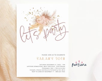 Bohemian Birthday Invitations Printable Instant Download, Editable 30th Birthday Invites, Pampas Grass, Boho Chic Floral Surprise Party P72